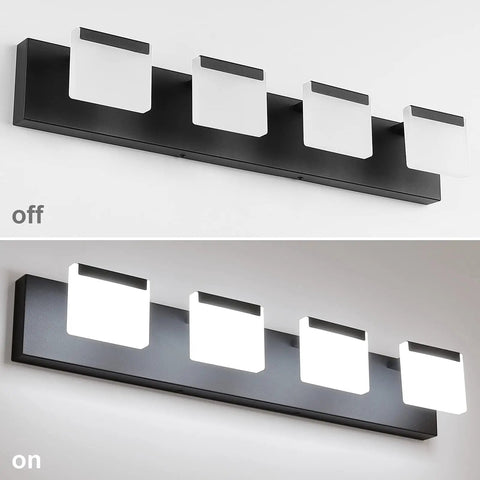 Four Light Matte Black Vanity Lights Over Mirror LED Modern Bathroom Fixture With Acrylic Diffusers Off and On Display