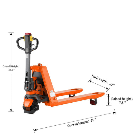 Heavy Duty 3300 Lbs Electric Pallet Jack With Removable Lithium Battery, Fast Charging 24V 20Ah Power Pack For Warehouse Work, Wide Forks And Turtle Speed Mode For Easy Maneuvering In Tight Spaces, dimensions showing height and fork width.