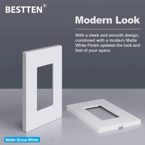 50 Pack Snow White Screwless Wall Plate 1 Gang Decorator Receptacle Outlet Cover Matte Finish, standing and lying down view