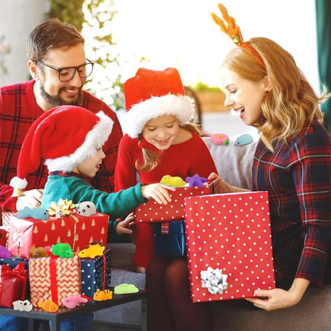 30 Pack Totally Rad Squishy Toys Mini Kawaii Mochi Squeeze Buddies on presents during family holiday gathering.