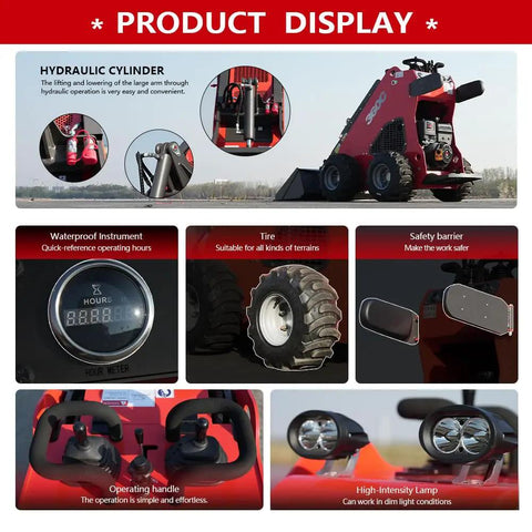 Product display of compact skid steer loader with gas engine and bucket, stand-on wheeled machine for various construction tasks