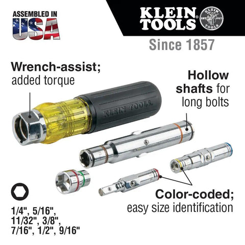 Magnetic 7 In 1 Nut Driver With Cushy Grip One Hand Drive Seven Sizes In One Tool SAE Hex Sizes One Quarter To Nine Sixteenths Inch Strong Magnets Hold Nuts And Bolts In Place For Quick Easy Assembly with color-coded shafts and cushy handle showing torque feature.