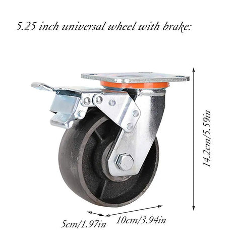 4 Pack Heavy Duty Cast Iron Swivel Casters With Brakes For Tables And Workbenches Built Tough With Slick Glide Action Perfect For Garage Cart And Shop Setup 5.25 Inch Wheels detail of 5.25 inch universal caster