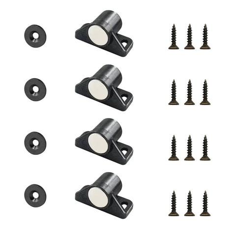 Battle Tested Magnetic Cabinet Door Catch Latch 4 Pack Neodymium Zinc Alloy Gun Metal Premium Plated Rust Proof Kitchen And Bathroom Cabinet Hardware Solution with four latches and screws