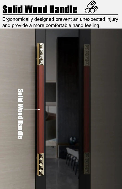Close-up of ergonomic solid wood door handle with decorative gold patterns, mounted on a dark surface for improved grip and style.