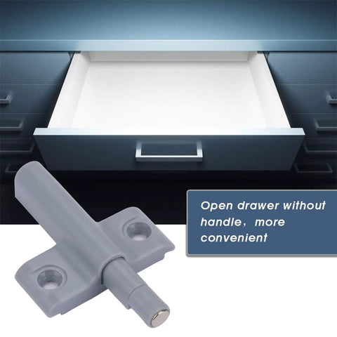 Ten Pack Silent Push Open Cabinet Door Catches With Sticky Bumpers To Keep Kitchen Cupboards Wardrobes And Drawers Closed Without Noise Or Hardware Damage For A Super Clean Modern Look, showing gray mechanism for handle-free drawer opening.