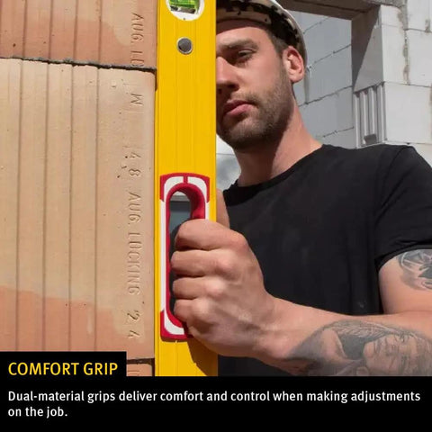 Man holding a Pro Grade Six Piece Level Set With Precision Aluminum Spirit Levels in use on a construction site.