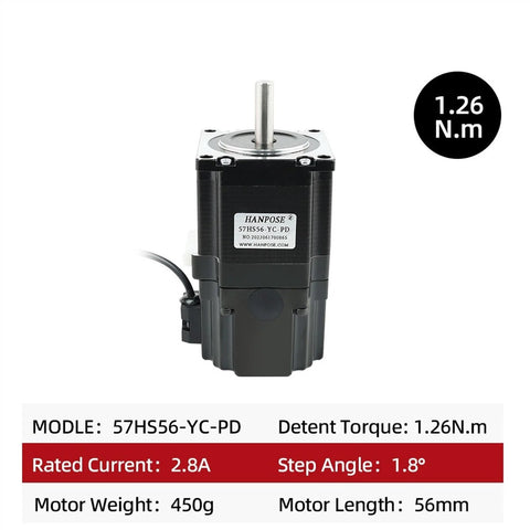 57HS56-YC-PD NEMA 23 stepper motor with black housing, silver drive shaft and side wiring connector.