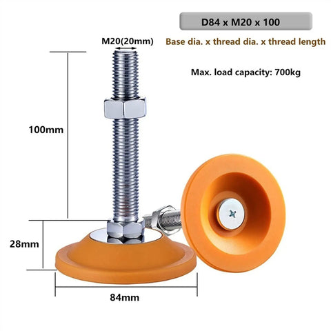 Heavy Carbon Steel Machine Levelers 4 Pack Anti Vib Adjustment Floor Studs Professional Grade showing dimensions and features.