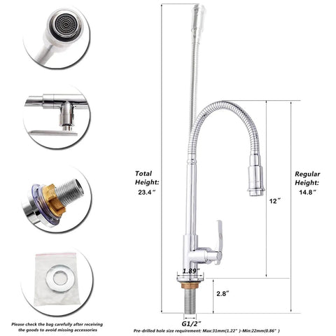 Dimensions and components of the Single Lever Flexible Pull Out Kitchen Water Tap With Deck Mount Cold Water Basin Faucet Single Hole 360 Degree Swivel Ceramic Disc Cartridge Water Efficient Chrome Finish Dope For Two Sinks And Vanity Vessel Faucets