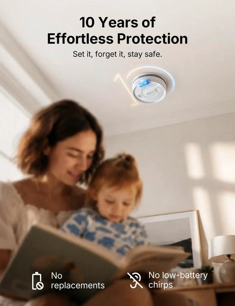 Wireless Interconnected Smoke Detectors 10 Year Battery 6 Pack installed on ceiling in a home setting with family reading.
