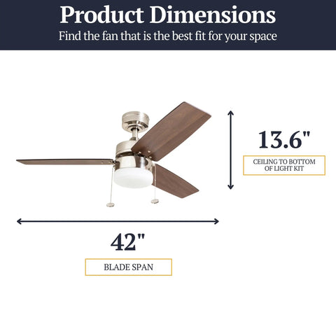 Dimensions of Dope 42 Inch Modern Farmhouse LED Ceiling Fan With Light Pull Chain Dual Mounting Options Dual Finish Blades Quiet Reversible Motor Brushed Nickel Ideal For Kitchen Bedroom Living Room, 42-inch blade span, 13.6-inch height