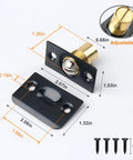 Door Ball Catch Replacement Kit 6 Pack, Adjustable Closet Ball Bearing Door Latch, Built Tough All Metal Construction With Solid Brass Body And Stainless Steel Strike Plate, Black Finish, Smooth, Quiet Close For Interior Doors, shown with dimensions and screws.