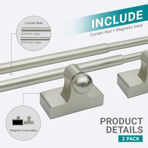 Adjustable Magnetic Rods For Metal Appliances Doors And Windows No Drill Easy Mount 9 To 28 Inch Extendable Towel Bar 2 Pack Multi Use Champagne Finish showing diameter and magnetic base details.