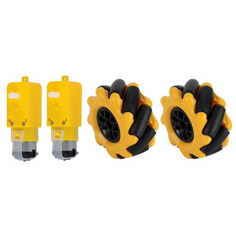 Two yellow TT geared motors and two yellow 48mm Mecanum omni wheels with black rollers.