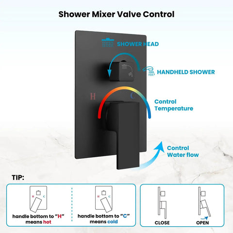 Rainfall Shower System With 8 Inch Square Rain Shower Head And Wall Mounted Handle Complete Matte Black Combo In Solid Brass Pressure Balancing Valve