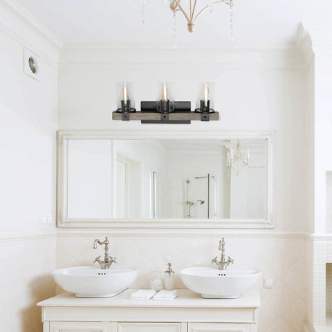Industrial Rustic Lantern Bath Vanity Light 3 Light Cool Gray Wood Look With Clear Glass Cylinders in modern bathroom