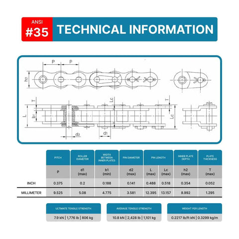 Technical specs for ANSI 35 Roller Chain Offset Link Half Link Three Eighths Inch Pitch Pack Of Ten for easy chain adjustments