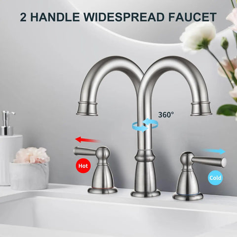 Widespread 8 Inch Bathroom Faucet With 3 Holes Brushed Nickel Finish Two Handles Pop Up Drain High Arc Spout