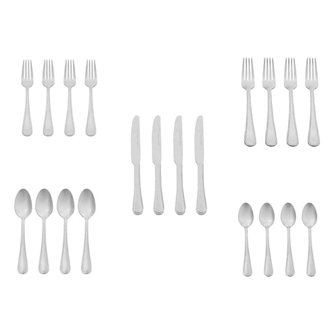 Heavy Duty Stainless Steel Flatware Set, 20 Piece Silverware Service For Four arranged with forks, knives, and spoons.