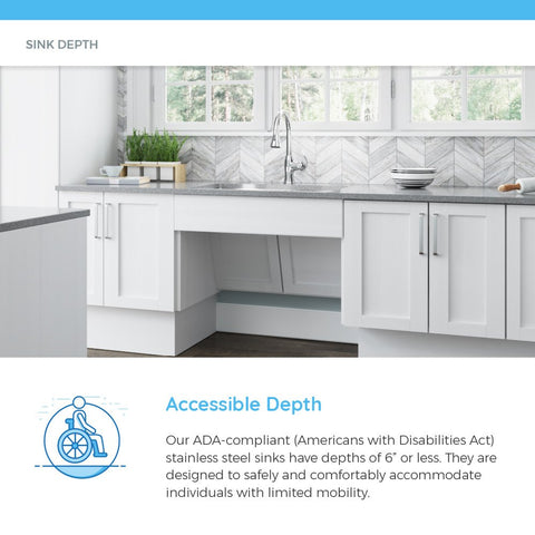 ADA-compliant kitchen with single bowl stainless steel sink, three-quarter inch radius corners, noise dampening, moisture barrier.