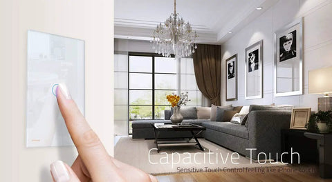 Hand using No Neutral Touch Light Switch With Tempered Glass Panel And Indicator Light For Modern Homes And Apartments 1 Gang 1 Way