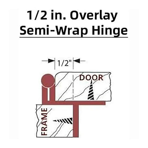 1/2 in. Overlay Semi-Wrap Hinge diagram showing dimensions for Heavy Duty Concealed Cabinet Hinges Half Overlay Partial Wrap Arms For Kitchen Makeovers Dead Simple Install Rock Hard Hold With Smooth Operator Motion 50 Count Pack.