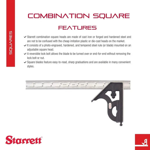 Pro Grade Steel Combination Square With Square Head 12 Inch Blade Cast Iron Body Hardened Steel Reversible Lock Bolt Scriber 4R Graduation For Quick Accurate Measurements And Durable Lifetime Use displayed with features.