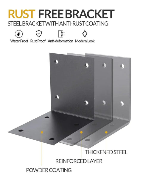 4 Pack Beast Mode Steel L Brackets 6x5 Inch Super Thick Corner Supports For Heavy Pergola And Stone Mantels 300 Lbs Load Tough 90 Degree Angle Bracket Durable Wood Post And Beam Construction Project Gear, showing three rust-free steel brackets with powder coating.