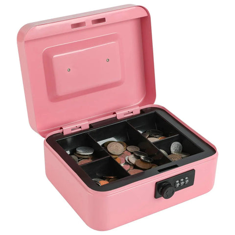 Steel Cash Box Safe With Combination Lock Pink Money Safe Box With Removable Coin Tray Medium Size 7.87 By 6.30 By 3.54 Inches