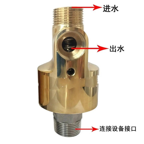 Two Way Swivel Hose Joint From DN25 To DN10 With One And Three Eighths Inch Threads, Brass Construction, Leak Proof Seal, 360 Degree Rotation, No Kink For Easy Hookups, Heavy Duty High Pressure Hose Adapter shown with inlet, outlet, and device connection