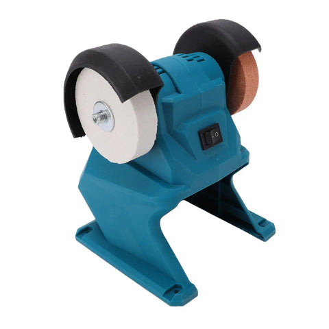 Heavy Duty Cordless Mini Bench Grinder With A Rock Solid 5500 Rpm Motor and Lock Down Suction Base, blue body with two grinding wheels.