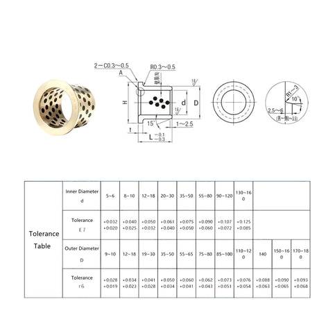 Top Shelf One Piece Flanged Oil Free Graphite Brass Bearing Sleeve with dimensions and tolerance table for machinery repair.