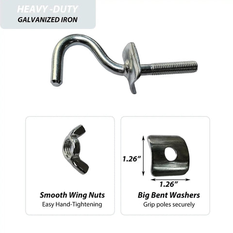 Heavy Duty Hammock Hook Replacement For Stands With 1.5 Or 1.66 Or 1.89 Inch Poles, Three Eighths Inch Shaft, Galvanized Iron, 500 Lb Capacity, Wing Screw Design, Tool Free Install, 2 Pack, showing smooth wing nuts and bent washers.