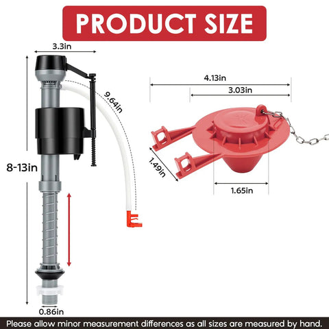 Universal Toilet Flush Valve Replacement Kit With Adjustable Height Fill Valve And Threaded Flow Control Knob shown with dimensions
