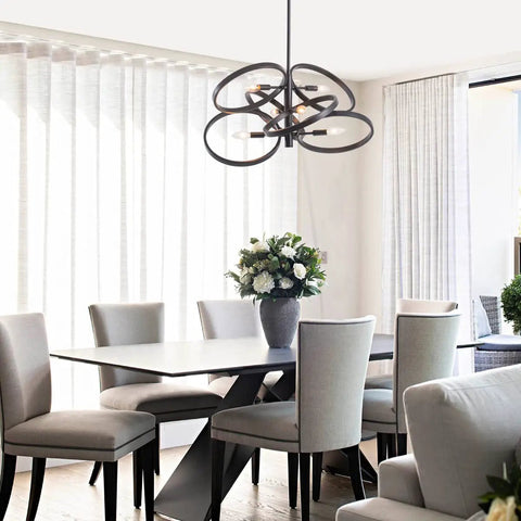 Contemporary Black Sputnik Chandelier Ceiling Light 6 Light Mid Century Geometric Circle Pendant in modern dining room.