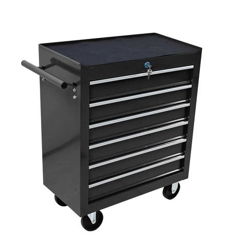 Heavy Duty Rolling Tool Chest With Six Roomy Drawers, featuring sleek black design and secure locking lid for organization.
