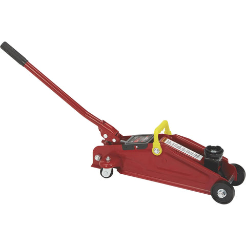 Smooth As Butter Hydraulic Trolley Jack With 2 Ton Load Rating Quick Roll Base low profile red steel body with textured handle for car repair.