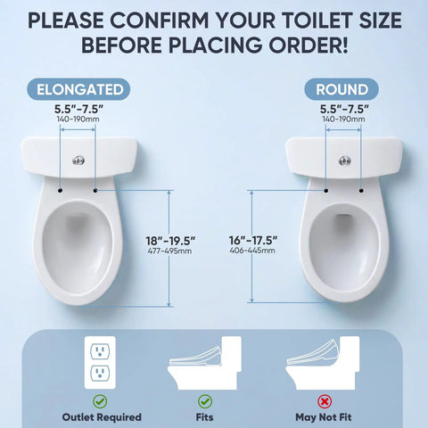 Electric Bidet Toilet Seat With Wireless Remote And Side Panel For Smooth Cleanup dimensions illustration for elongated and round toilets.