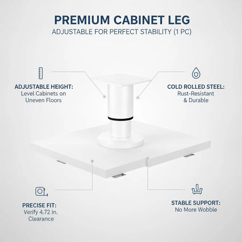 Cold Rolled Steel Adjustable Cabinet Leg For Leveling Base Units On Uneven Floors, 4.72 Inch Support With White Baked-On Finish.