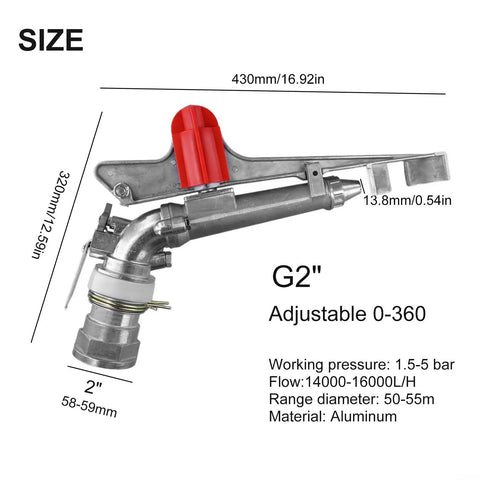 2 Inch Aluminum Agricultural Irrigation Sprinkler Head With 360 Degree Rotating Water Sprayer and size specifications