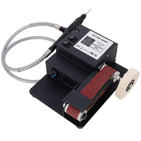 Aynuma Mini Belt Sander 350W Electric Bench Grinder with Rotary Tool Kit and Metal Knife Sharpener. Compact desktop machine.