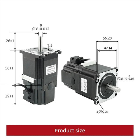 Front and side views of two NEMA 23 stepper motors with permanent magnet brake, 56mm frame, 4-lead wiring