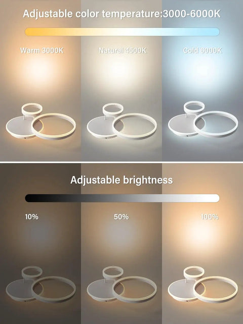 Dimmable 3 Ring Ceiling Light With Remote Control showing adjustable 3000K-6000K color temperature and brightness levels