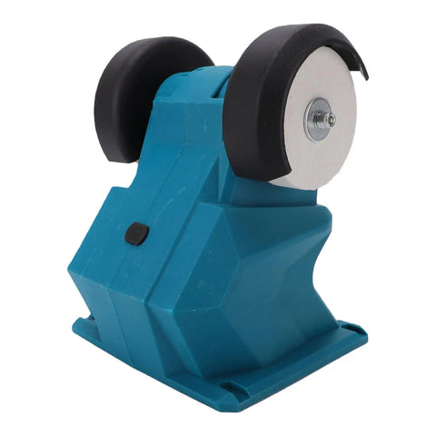 No Strings Attached Cordless Mini Bench Grinder With Dual 70mm Grinding Wheels Spinning At 5500 RPM for sharpening on a solid blue base.