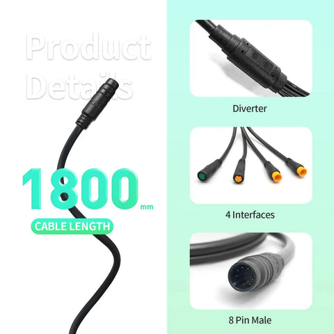 Electric Bike Waterproof 8 Pin 1T4 1T5 Cable Controller Kit with Light E Brake Throttle Display and Conversion Cable, 1800mm length