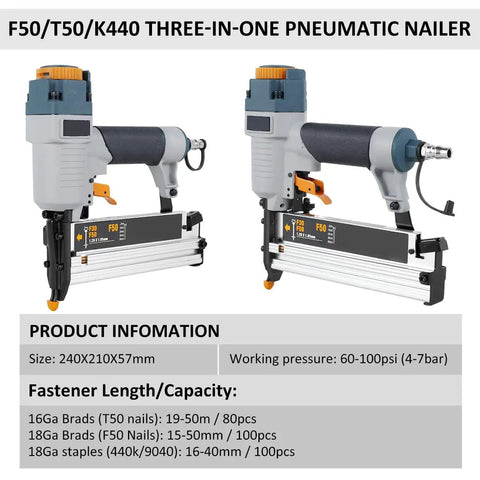 Straight Shooting Pro Level Heavy Duty Pneumatic Air Nailer For Carpentry And Fences With Adjustable Depth Control shown with fastener specs.