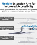 Diagram of All Metal 10 Inch Rainfall Shower Head With Handheld Spray Combo, 3 Setting Diverter, adjustable arm, height measurements