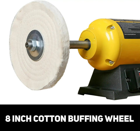 Close-up of Powerful Three Quarter HP Bench Buffer Polisher With 3600 RPM 8 Inch Dual Cotton Wheels Low Noise For Jewelry Metal Wood Jade Knife Plastic Polishing Machine For Home Shop Pros.