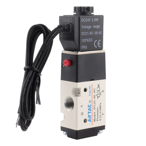 Front view of Pro Grade DC 24V Solenoid Valve 3/2 Way for pneumatic lines, normally closed, 3/8 inch PT ports, aluminum alloy body.